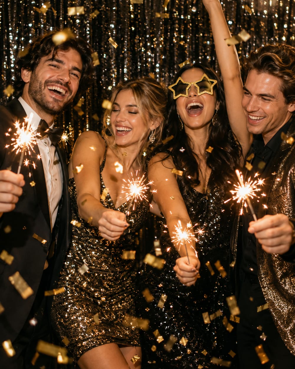 Friends cheering with sparklers as gold confetti falls on New Year's Eve